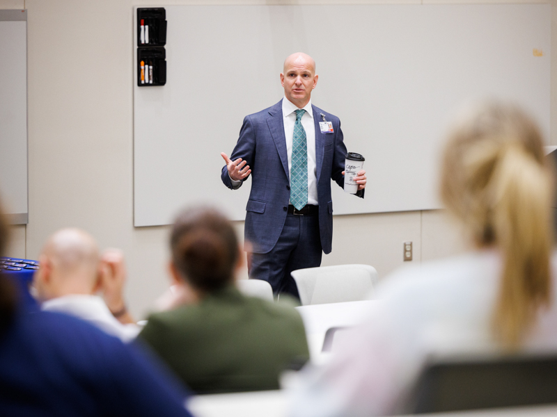 Dr. Kendall McKenzie, chair of the Department of Emergency Medicine, expresses his appreciation for Adult ED front-line staff during an April 26 recognition ceremony.