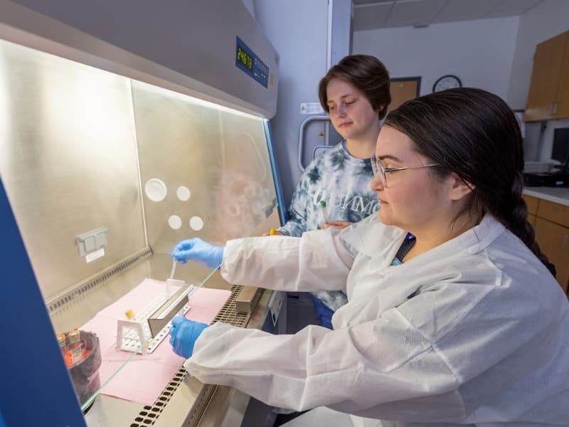 Kelsey Napper, research administrative assistant III, gives centrifuged blood for the RECOVER study to nurse navigator Amy Wigglesworth for further processing before freezing in this 2022 file photo.