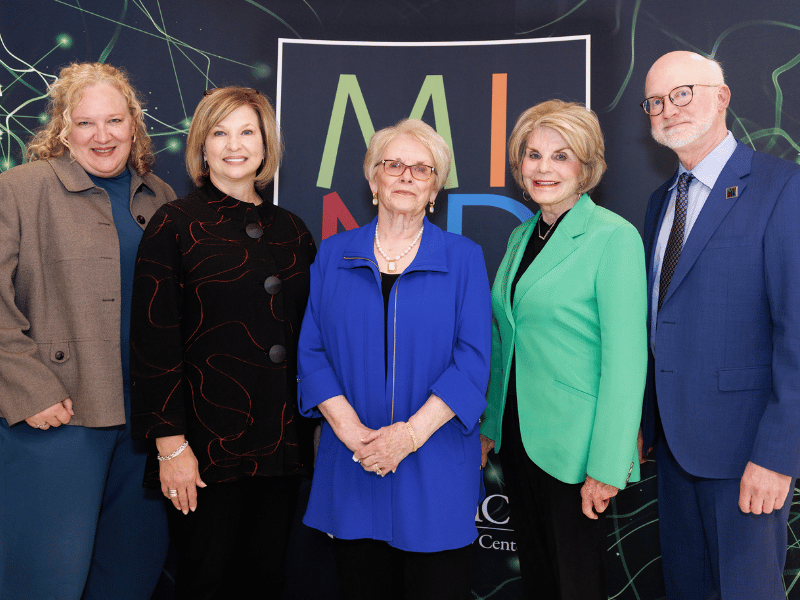 Jean Adams, center, donated $10 million to The MIND Center in honor of her late husband, laying the foundation for the new centralized clinic. She is joined by, left to right, Dr. Kim Tarver, Dr. LouAnn Woodward, Suzan Thames and Dr. Thomas Mosley.
