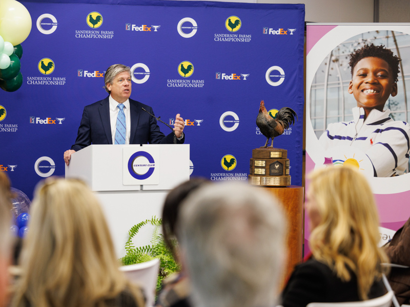 Steve Jent, Sanderson Farms Championship executive director, welcomes attendees to the announcement of a $1 million donation to Friends of Children's Hospital from proceeds of the 2023 tournament.