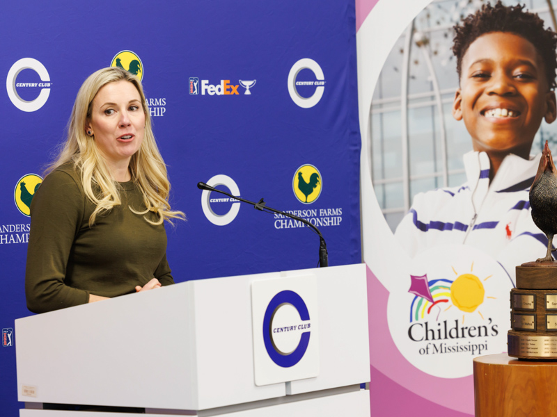Friends of Children's Hospital Board Chair Kristin Allen thanks Century Club Charities, the Sanderson Farms Championship and Wayne-Sanderson Farms for the $1 million gift from the 2023 tournament.