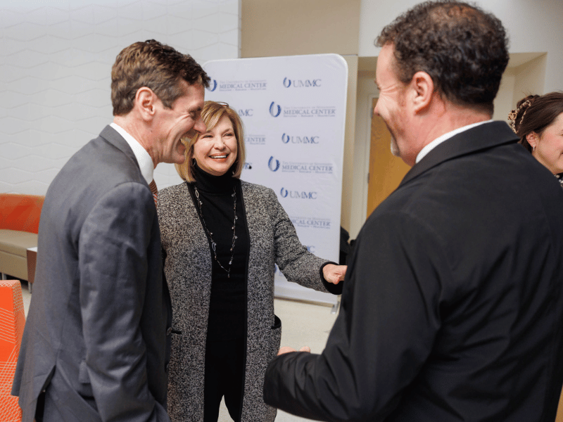 Dr. Thomas Dobbs, SOPH dean and the new Chair for the Study of Health Disparities, chats with Dr. LouAnn Woodward and guests before the endowment announcement.