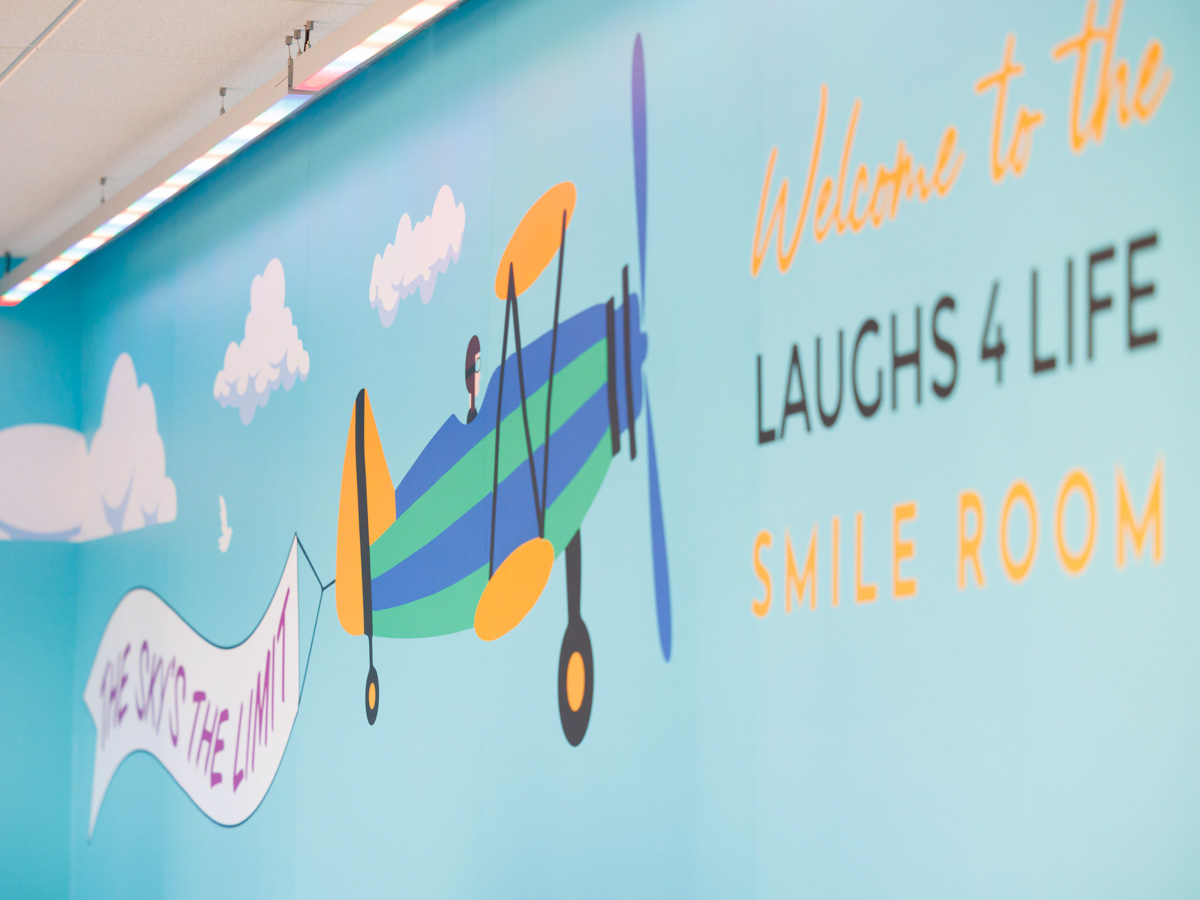 The decor of the Laughs 4 Life Smile Room features uplifting but whimsical themes.