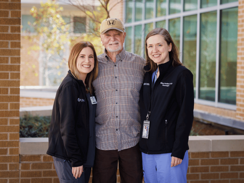 From left, Mackenzie Cook, nurse practioner in the Department of Neurosurgery; her grandfather, Aaron Cummins; and Dr. Allison Strickland, neurosurgeon and Boston Marathon runner.