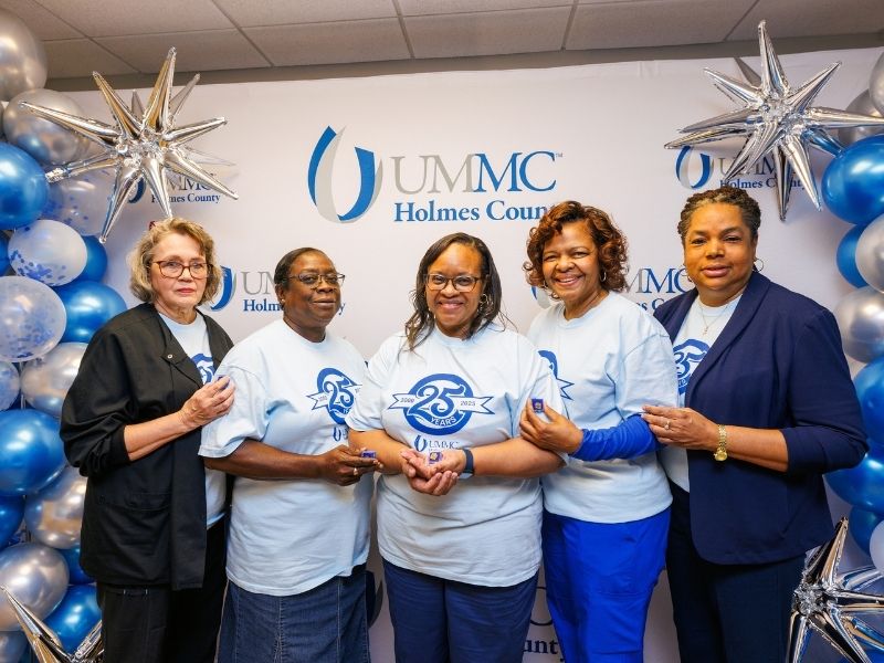 Six employees celebrate 25 years of service at the UMMC Holmes County hospital, from left, Deborah Joiner, patient access data integrity specialist; Queen Armstrong, RN; Cheryl Smith, LPN; Benita Spann, senior staff RN and Corissa Quarles, patient financial services manager. Not pictured: Connie Sims, activities coordinator.