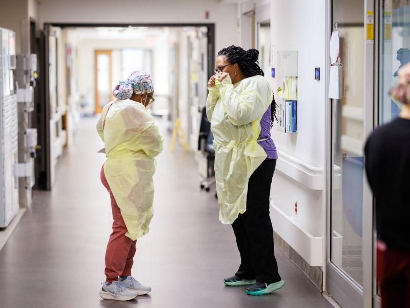 Nurse Lakeeba Hutchins, left, and Brigitta Strutchen, burn center administrator, work in UMMC's new dedicated burn center.
