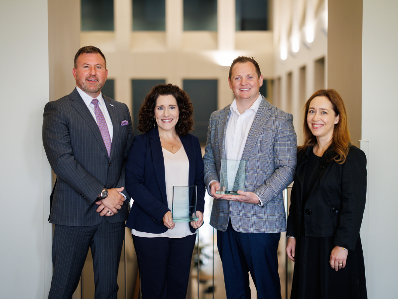 Dr. Jay Garner, dean of the School of Health Related Professions, is joined, from left, by Dr. Kristi Moore, 2025 Alumnus of the Year, Dr. Luke Bynum, Early Career Achievement Award winner, and Dr. Whitney Bondurant, SHRPR Alumni Board President.