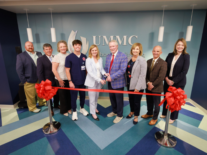Celebrating the completion of renovations at the South Oxford Center are, from left, Rep. Josh Hawkins; Sen. Daniel Sparks; Dr. Kristi Reece, assistant dean for the UMMC School of Nursing Oxford instructional site; nursing student Jack Taylor of Corinth; Dr. Tina Martin, dean of the UMMC School of Nursing; Dr. Glenn Boyce, chancellor of the University of Mississippi; Dr. LouAnn Woodward, vice chancellor of health affairs; Dr. Alan Jones, associate vice chancellor for health affairs; and Dr. Natalie Gaughf, assistant vice chancellor for academic affairs.
