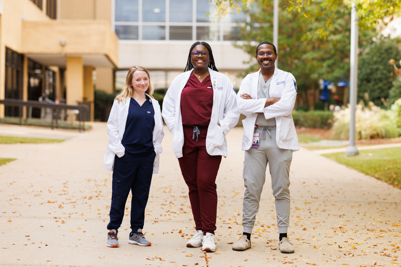 As exemplars of compassion and service, three UMMC students have been awarded scholarships funded by the International Order of The King’s Daughters and Sons. They are, from left, Chelsea Miles, representing the School of Health Related Professions, and medical students Deshauntra Green and Tyrikus Hayes.