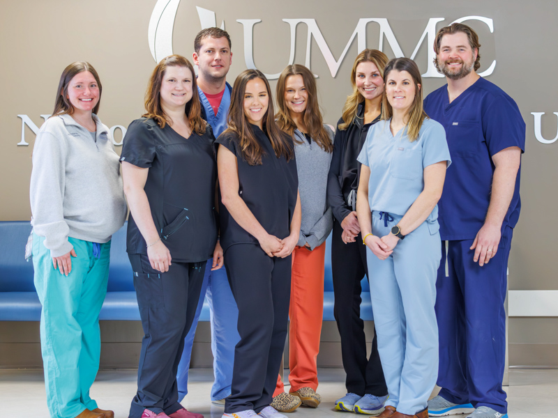 The NSICU day team poses for a photo, from left, Caitlin Morrow, Valerie Fagan, Lucas Sandroni, Alyssa Ortlepp, Anna Claire Blaine, Kylie Page, Megan Bauerle and Matt Pulliam.