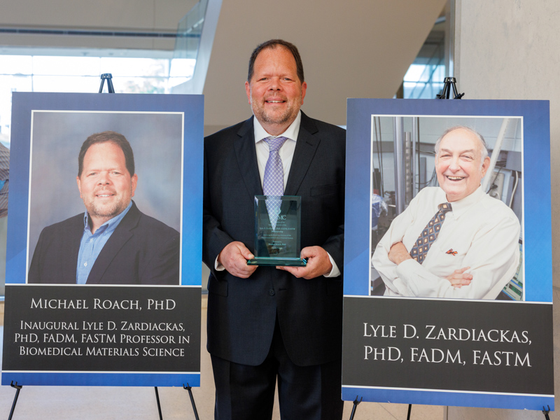 Dr. Michael D. Roach, professor in the Department of Biomedical Materials Science, was named the inaugural Lyle D. Zardiackas, PhD, FADM, FASTM Professor in Biomedical Materials Science at the University of Mississippi Medical Center. The endowed professorship honors the legacy of the late Dr. Lyle D. Zardiackas, who founded the Biomedical Materials Science department at UMMC.