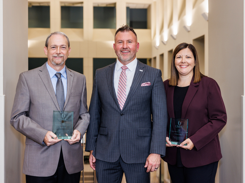 From left, Dr. Lee Brown, 2026 SHRP Alumnus of the Year, SHRP Dean Dr. Jay Garner and 2026 SHRP Early Achievement Award winner Dr. Chelsey Stephens