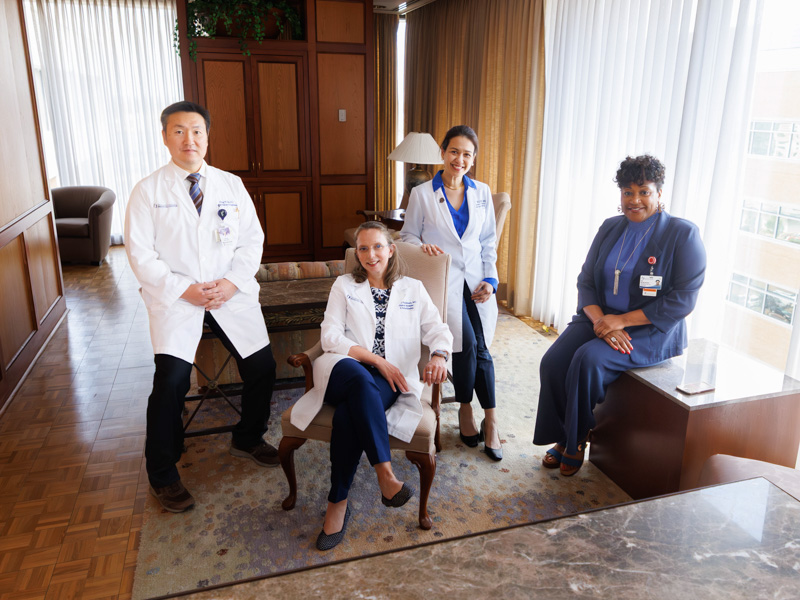 Dr. Jennifer Hankenson, program director; Dr. Hyung Kim, chief of the Division of Physical Medicine and Rehabilitation; Dr. Jennifer May Villacorta, associate professor of neurosurgery; and Tina Norrells-Gustavis, program coordinator, gather as they prepare to welcome the first residents of UMMC’s new Physical Medicine and Rehabilitation Residency Program. The program’s accreditation completes UMMC’s core residency offerings.