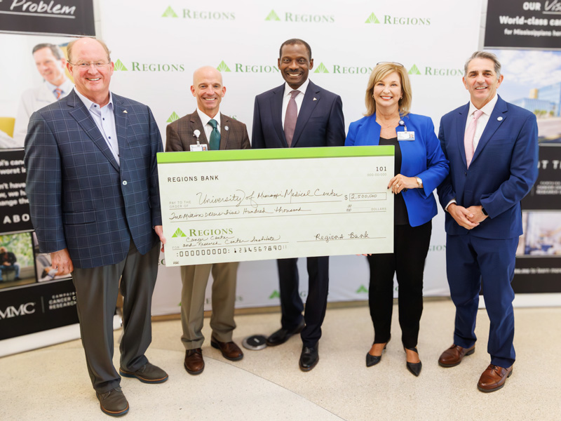 Celebrating Regions Bank's $2.5 million gift to the It's About Time campaign are, from left, John Howie, Metro Jackson market executive for Regions Bank; Dr. Alan Jones, associate vice chancellor for health affairs; Leroy Abrahams, executive vice president of community and market engagement for Regions Bank; Dr. LouAnn Woodward, vice chancellor for health affairs; and Dr. Rod Rocconi, Ergon Chair for Cancer Research and CCRI director.
