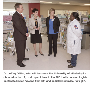 Dr. Jeffrey Vitter, who will become the University of Mississippi's chancellor Jan. 1, and I spent time in the NICU with neonatologists Dr. Renate Savich (second from left) and Dr. Bolaji Famuyide (far right).