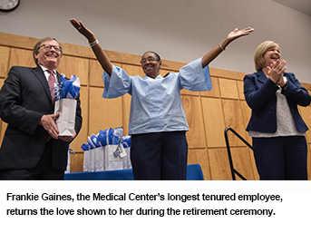 Frankie Gaines, the Medical Center's longest tenured employee, returns the love shown to her during the retirement ceremony.