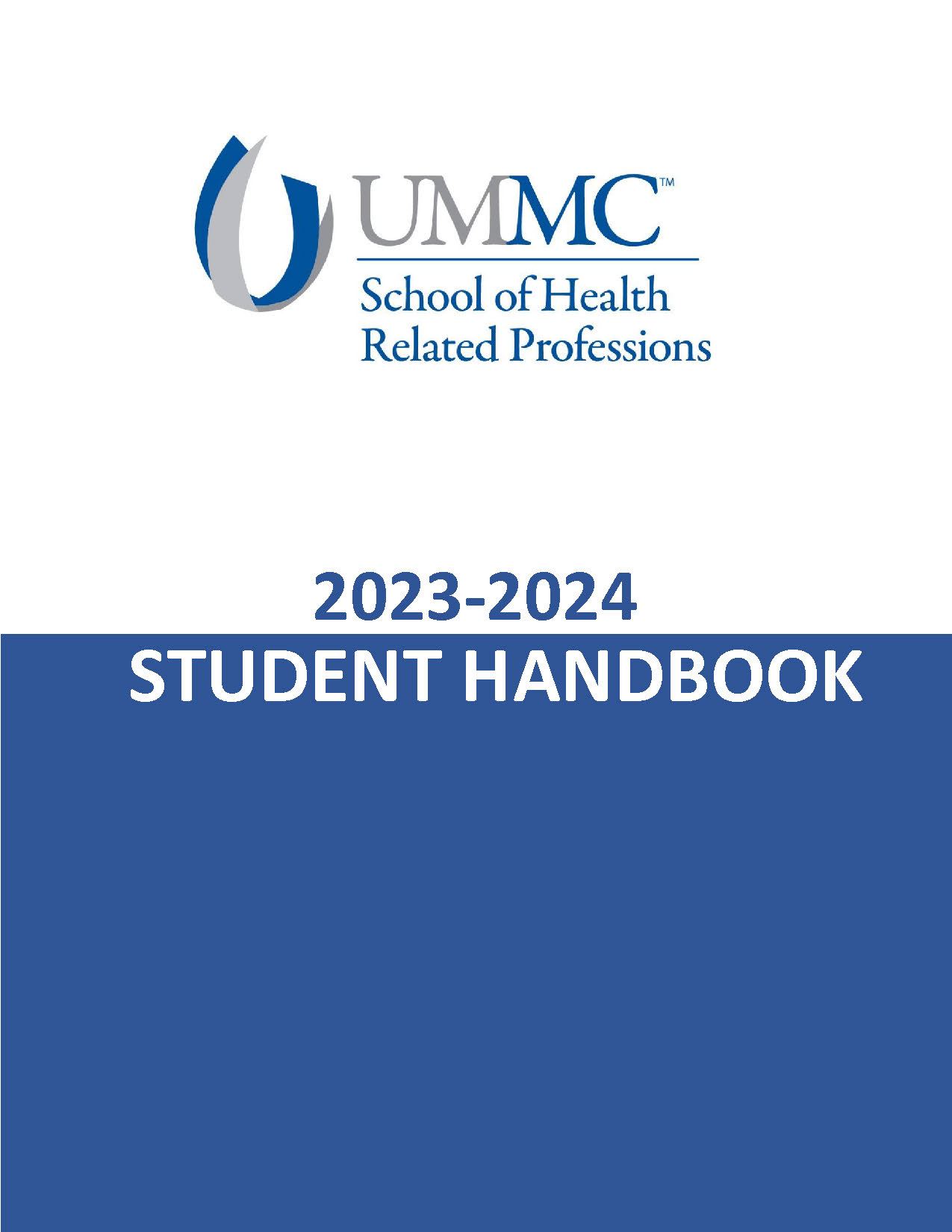 Handbook cover that reads UMMC School of Health Related Professions 2023-2024 Student Handbook
