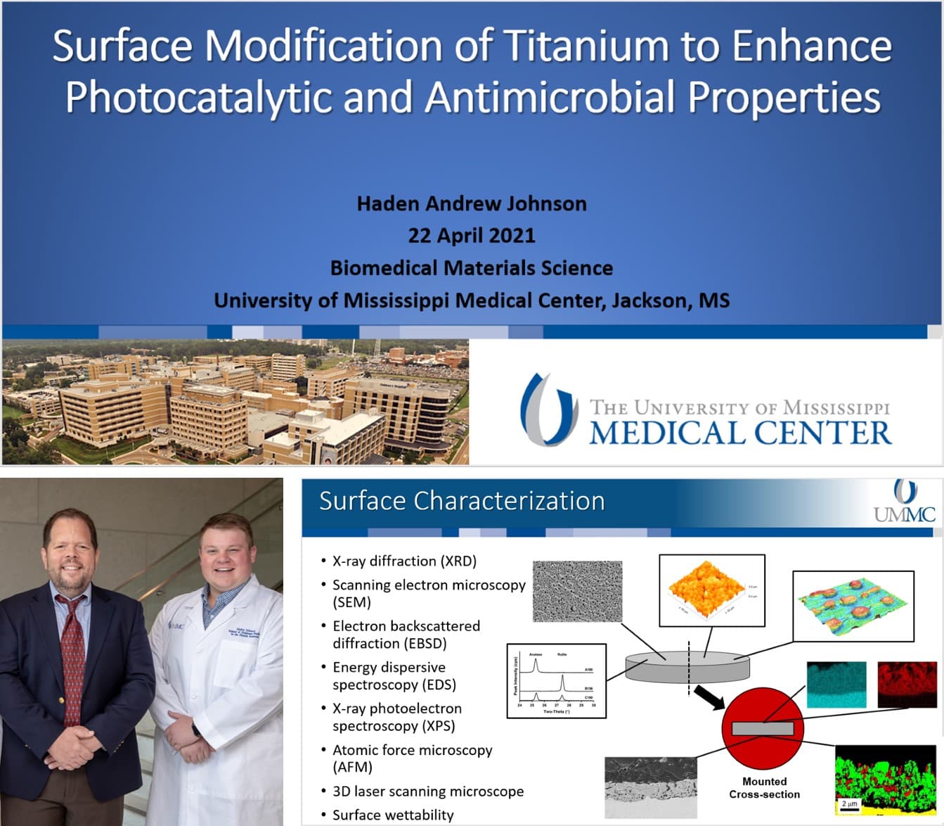 Haden successfully defended his dissertation on April 22nd, 2021. His milestone took place at 9:00 am, and it happened on Microsoft Teams. For his dissertation research, Haden modified the surface of titanium structures to enhance the photocatalytic and antimicrobial properties. Haden has published 3 manuscripts from his graduate work, 1 being a first author publication. While in our graduate program, Haden was chosen for the scholarship to participate in the Millsaps Business Advantage Program. His research work has been awarded the 2018 Society of Biomaterials Travel Award and the 2019 Travel Award to ASTM International Conference on Additive Manufacturing.  Haden is being hired by the Army Aviation and Missile Center as an Aerospace Engineer in the Structures and Materials Division.  We are very so proud of your accomplishments! Many congratulations, Haden!