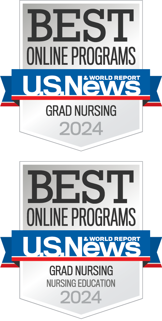 U.S. News & World Report Best Online Programs Grad Nursing 2024 badge and U.S. News & World Report Best Online Programs Grad Nursing Nursing Education 2024 badge 
