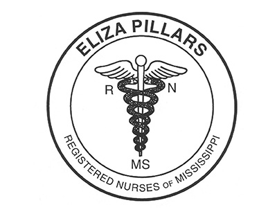 Black and white logo of the Eliza Pillars Registered Nurses of Mississippi organization. The logo is represented by two concentric circles with a medical caduceus with an R by one snake head and an N by the other. Then, the letter MS, to signify the state of Mississippi, sits at the bottom of the short staff. The outside circle features the organization's name in all caps, Eliza Pillars Registered Nurses of Mississippi.
