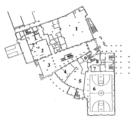 Student Union First Floor points of interest. Labeled 1-9.